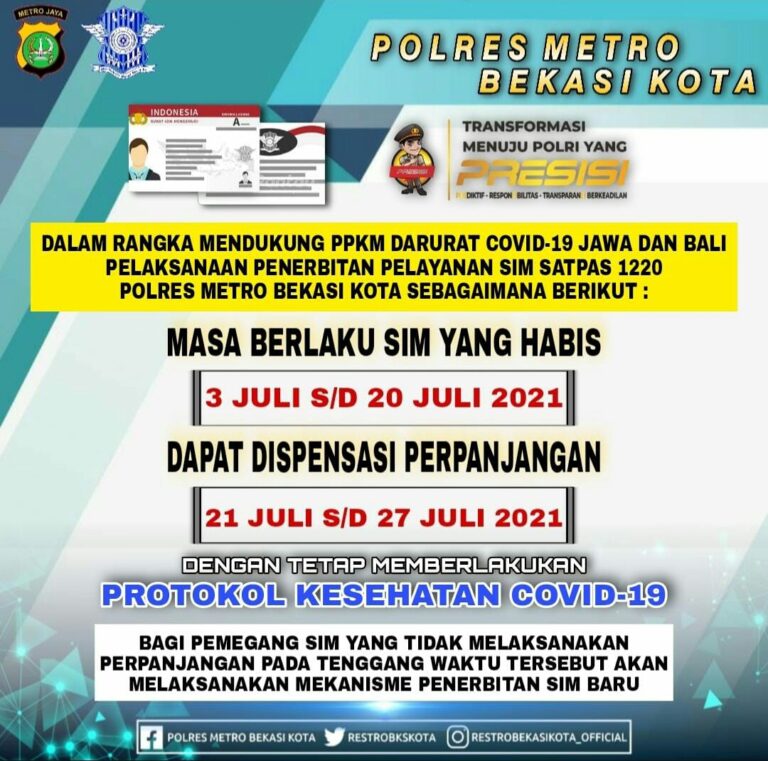 Dukung PPKM Darurat, Polres Metro Bekasi Kota Beri Dispensasi Perpanjangan Masa SIM Yang Habis