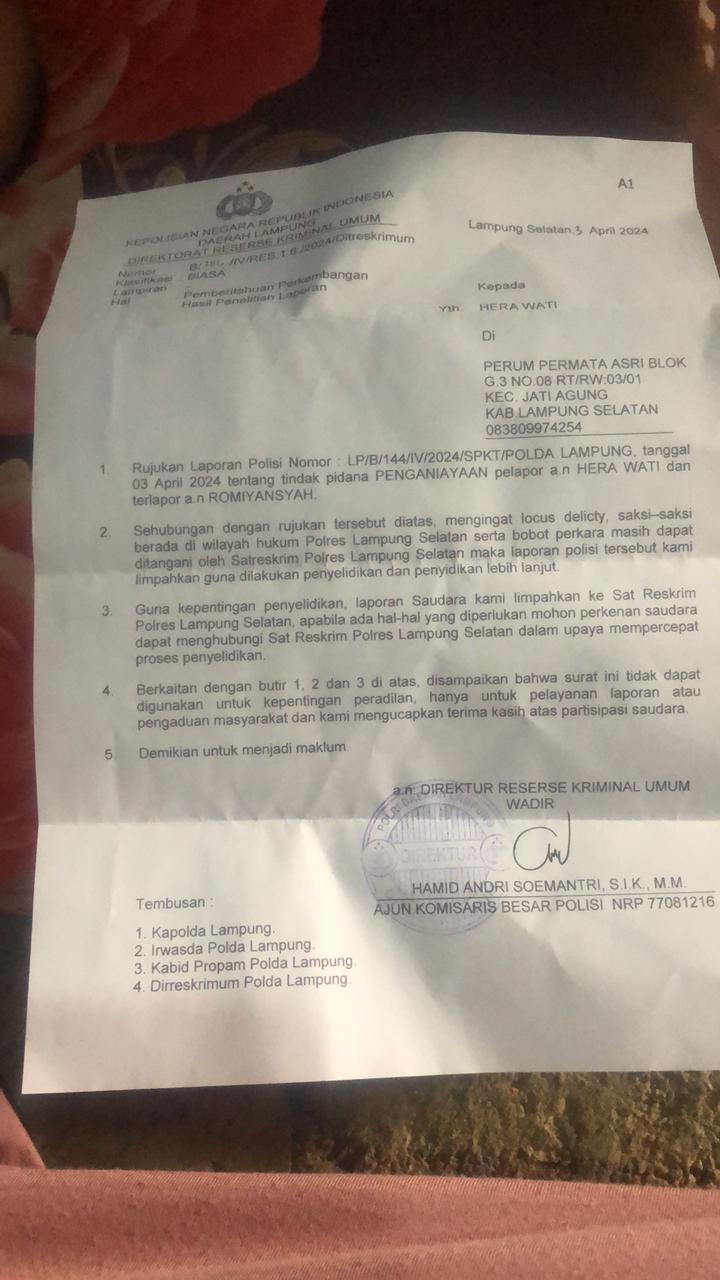 Polda Limpahkan Laporan Kasus KDRT Warga Jati Mulyo ke Polres Lampung Selatan