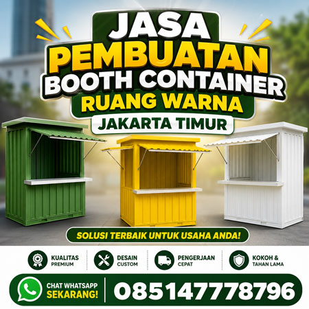 Jasa Pembuatan Booth Container Ruang Warna Interior Jakarta Timur dengan desain custom warna hijau kuning putih, booth UMKM modern, kokoh, estetik, dan siap digunakan untuk usaha kuliner, pameran, serta bisnis retail.
