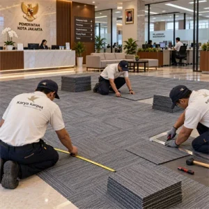 Ilustrasi tiga teknisi Karya Karpet berseragam putih krem dengan logo perusahaan sedang mengukur, memotong, dan memasang karpet tile abu-abu di lobby kantor pemerintahan dengan area resepsionis, ruang tunggu, dan pelayanan masyarakat.